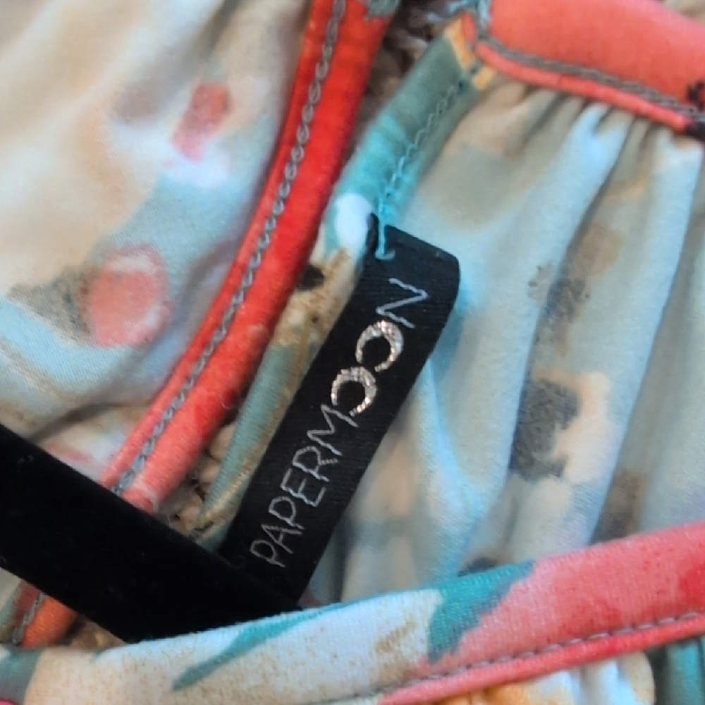 Papermoon Floral Halter Tank Top - Red and Orange on Teal - Picture 2 of 5